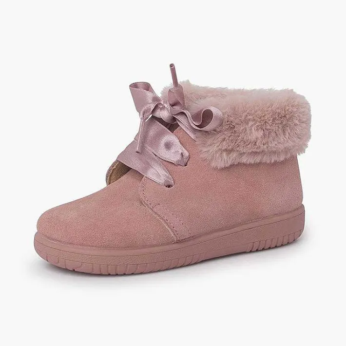 Botas<Pisamonas Botitas Niña Serraje Cuello Pelo Cordones Raso