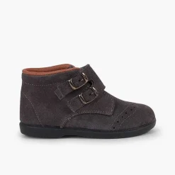 Botas<Pisamonas Botitas Piel Serraje Y Tira Adherente Adorno Hebillas