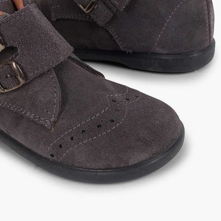 Botas<Pisamonas Botitas Piel Serraje Y Tira Adherente Adorno Hebillas