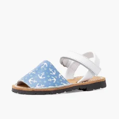 Sandalias<Pisamonas Menorquinas Bicolor Anclas Niños Tira Adherente Color Blanco Y Azul Jeans