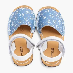 Sandalias<Pisamonas Menorquinas Bicolor Anclas Niños Tira Adherente Color Blanco Y Azul Jeans