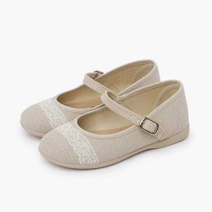 Zapatos Comunión<Pisamonas Merceditas Lino Ceremonia Puntilla Color Beige